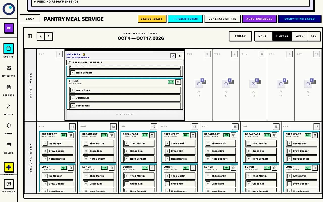 Proximatic scheduler showing October 5 dinner with 3 of 3 places filled after Sam’s availability was extended