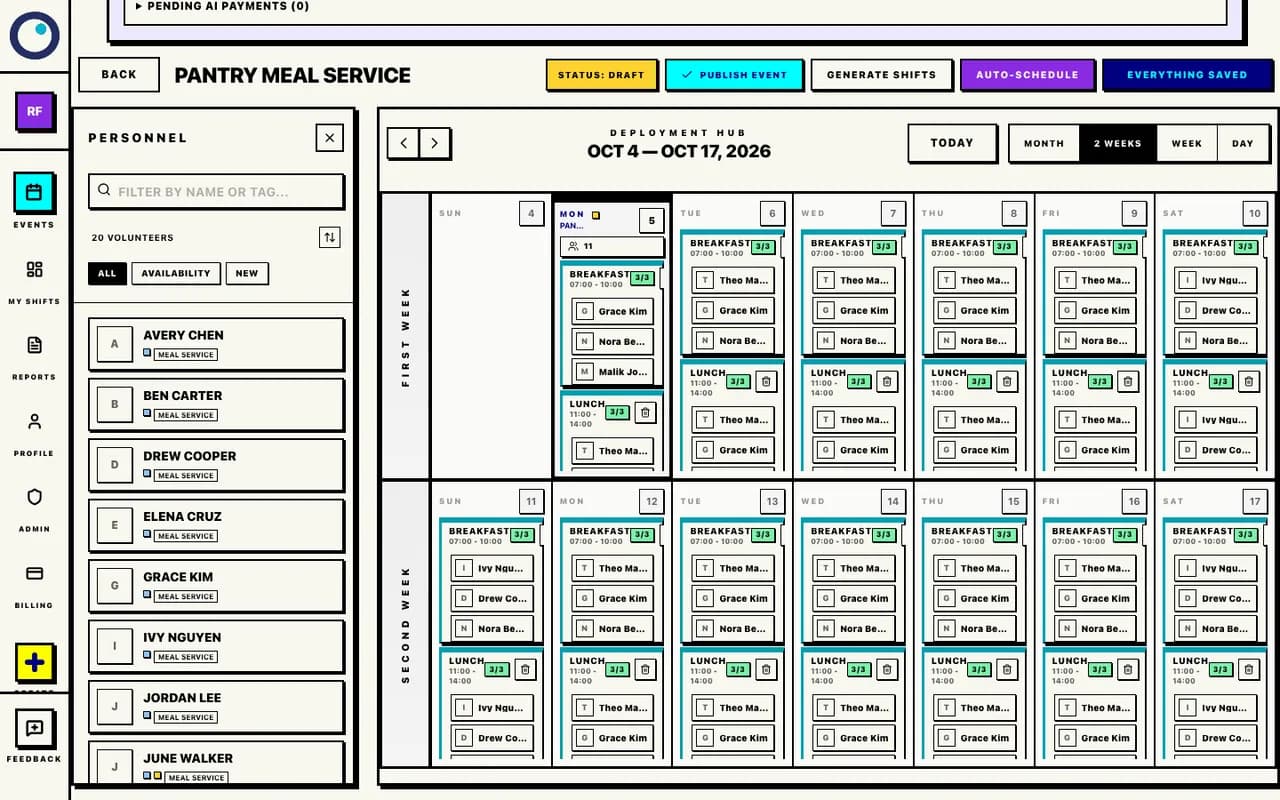 Proximatic scheduler with saved meal-shift assignments and the approved Personnel pool