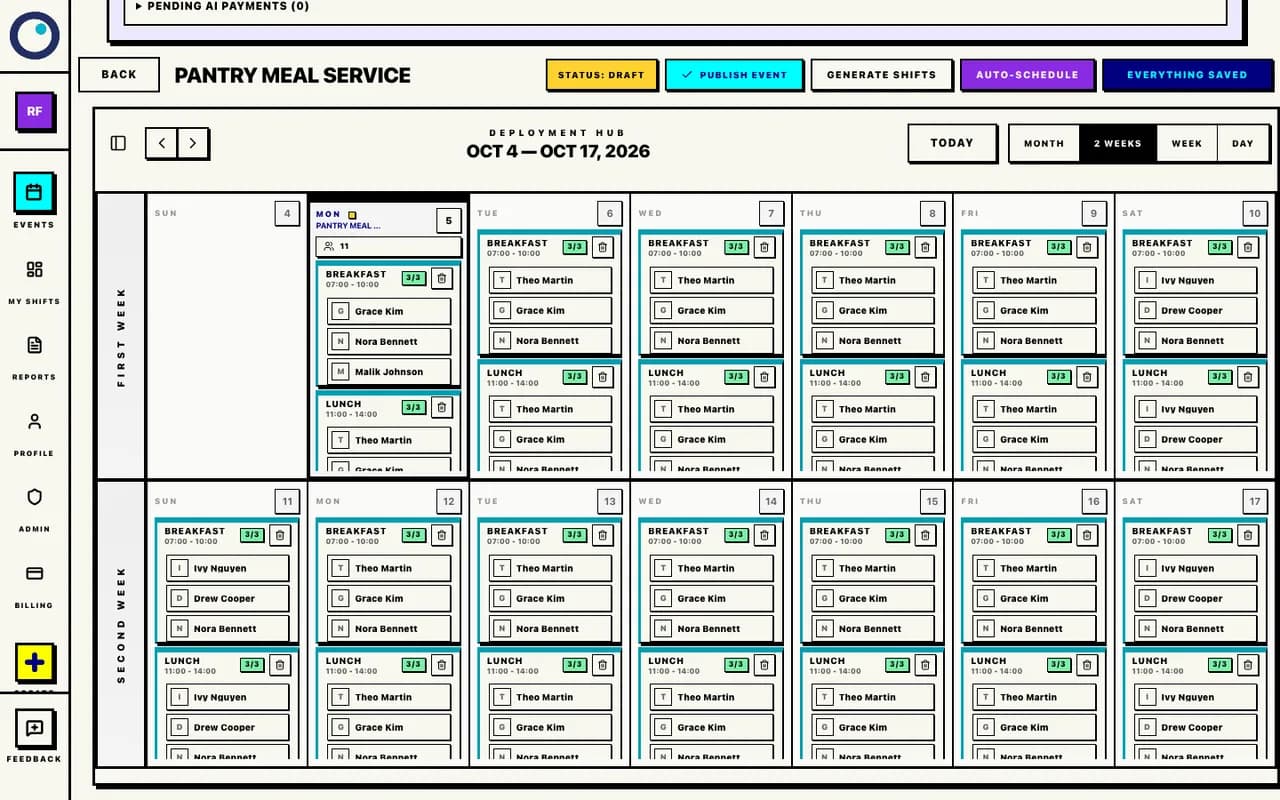 Proximatic Auto-Schedule result showing assigned volunteers across multiple shifts