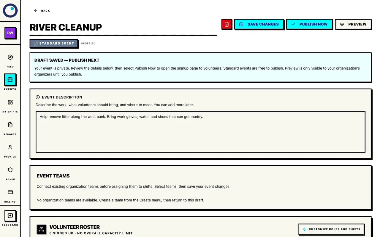 Proximatic draft event with an editable description, Save Changes, Preview, and Publish Now buttons
