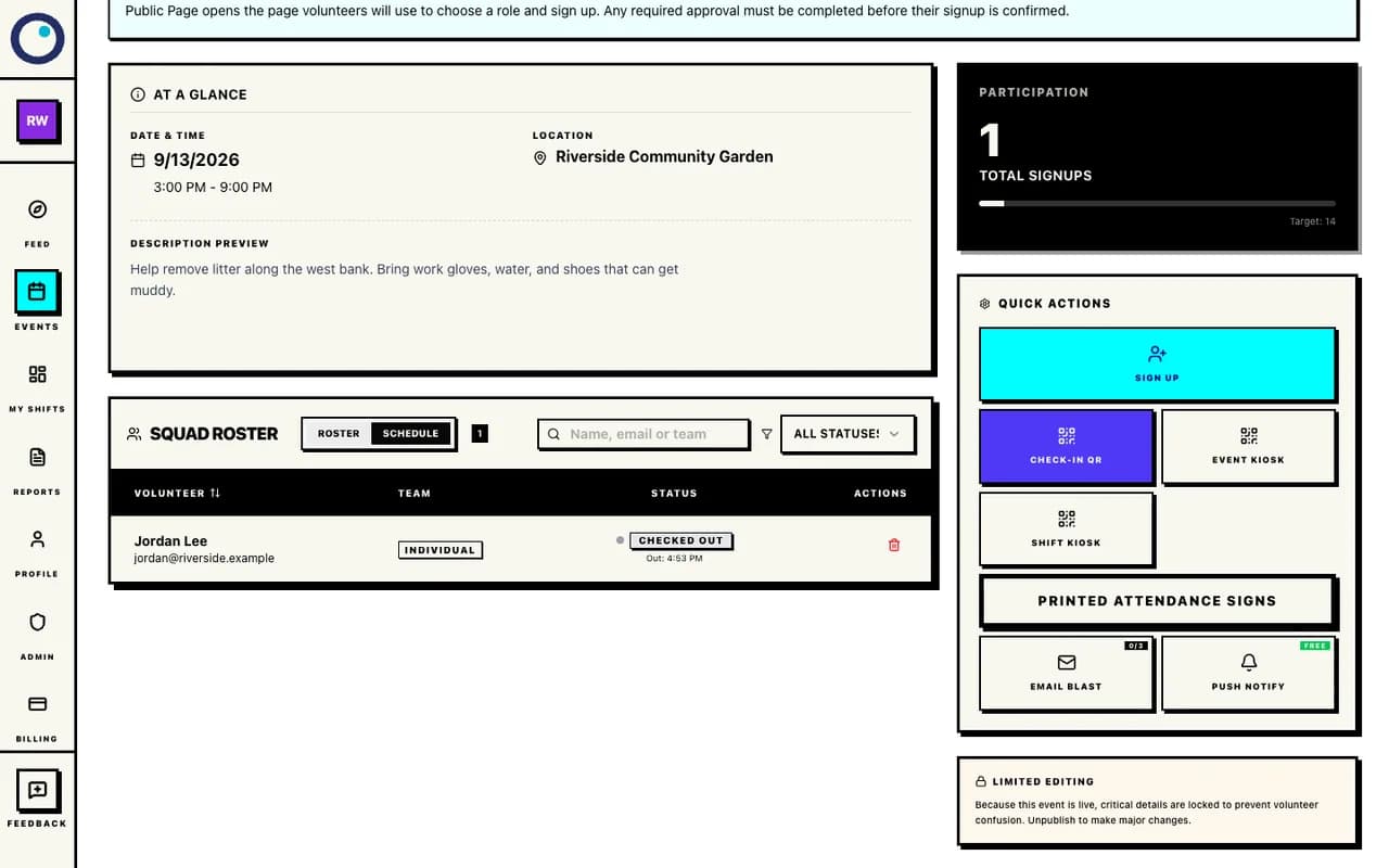 Proximatic organizer roster showing assigned participants and attendance controls