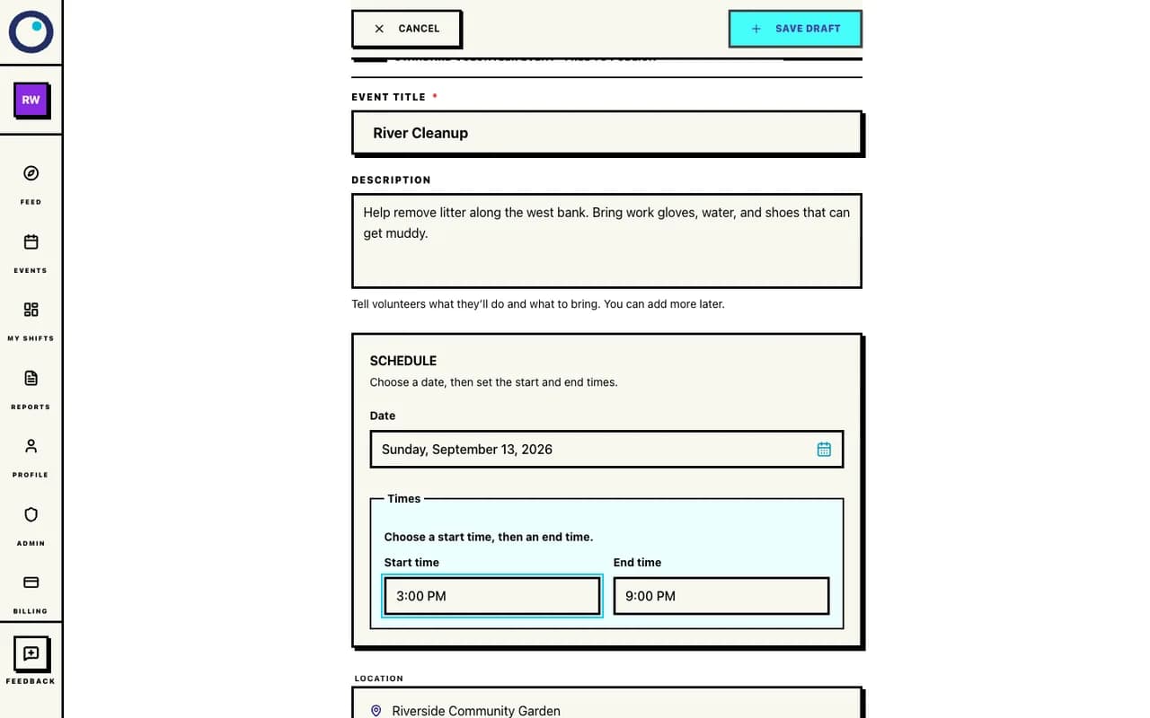 Proximatic event setup screen with fields for a title, description, schedule, and location