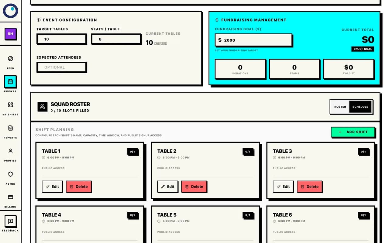 Proximatic saved Gala draft showing Event Configuration with ten target tables, eight seats per table, current tables, and fundraising settings