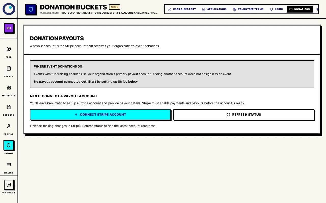 Proximatic Donation payouts screen before an account is connected, with Connect Stripe account and Refresh status controls