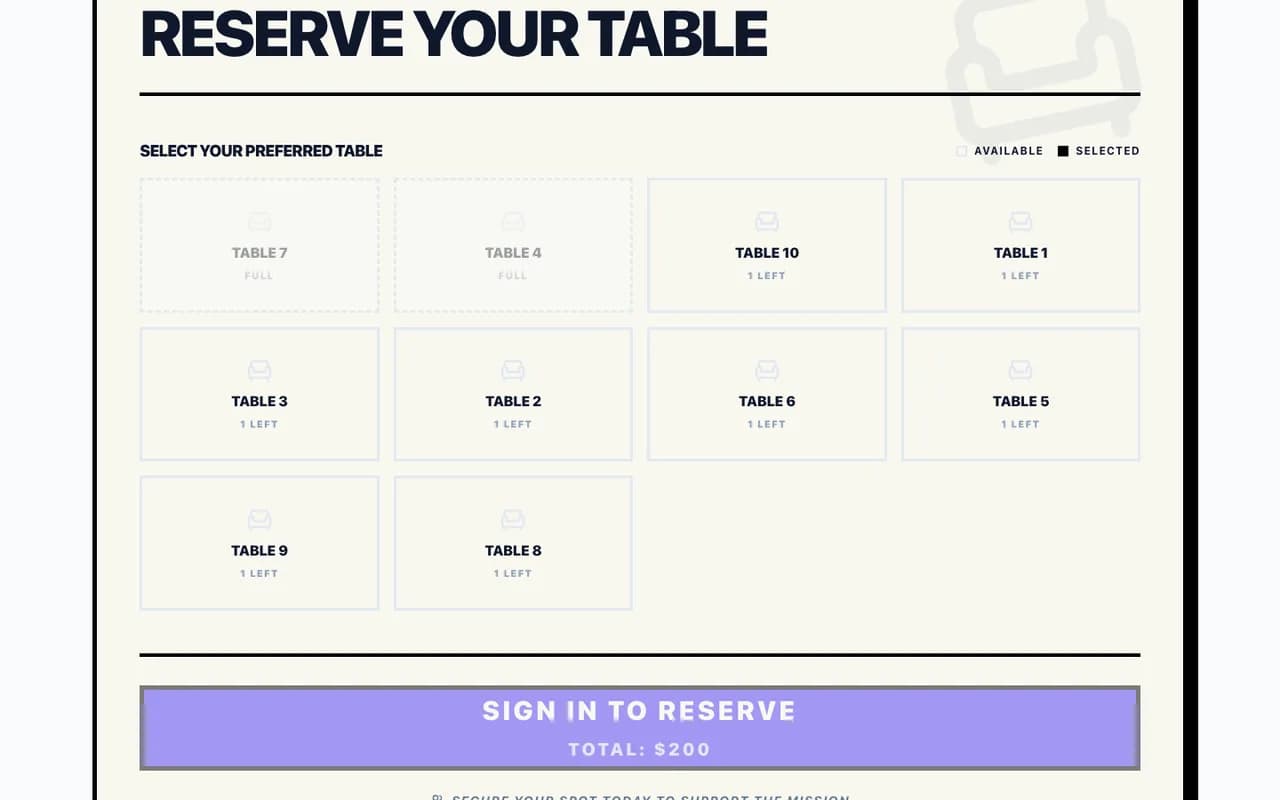 Proximatic public Gala table grid with available tables and Table 4 and Table 7 marked full in the example event