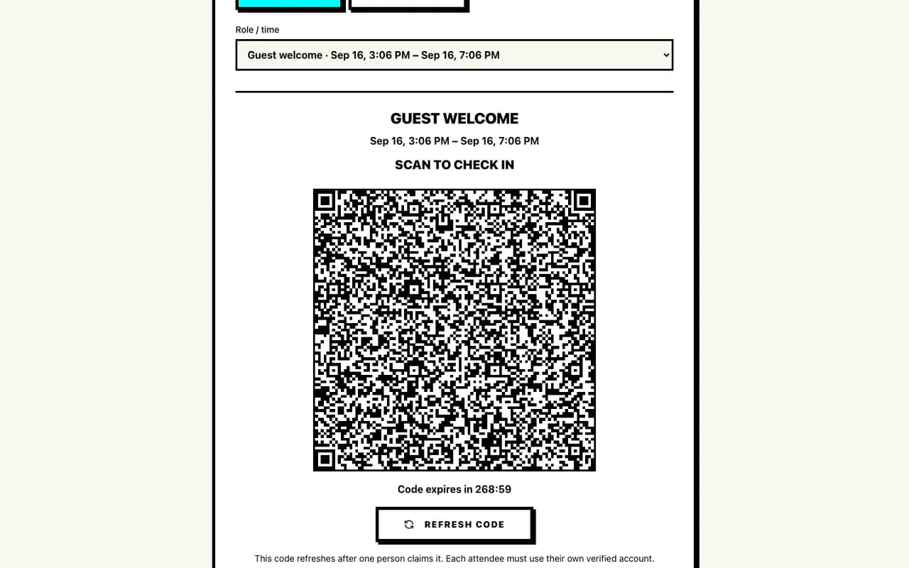 Proximatic Standard-event kiosk with Guest welcome selected and a rolling QR code for Check In