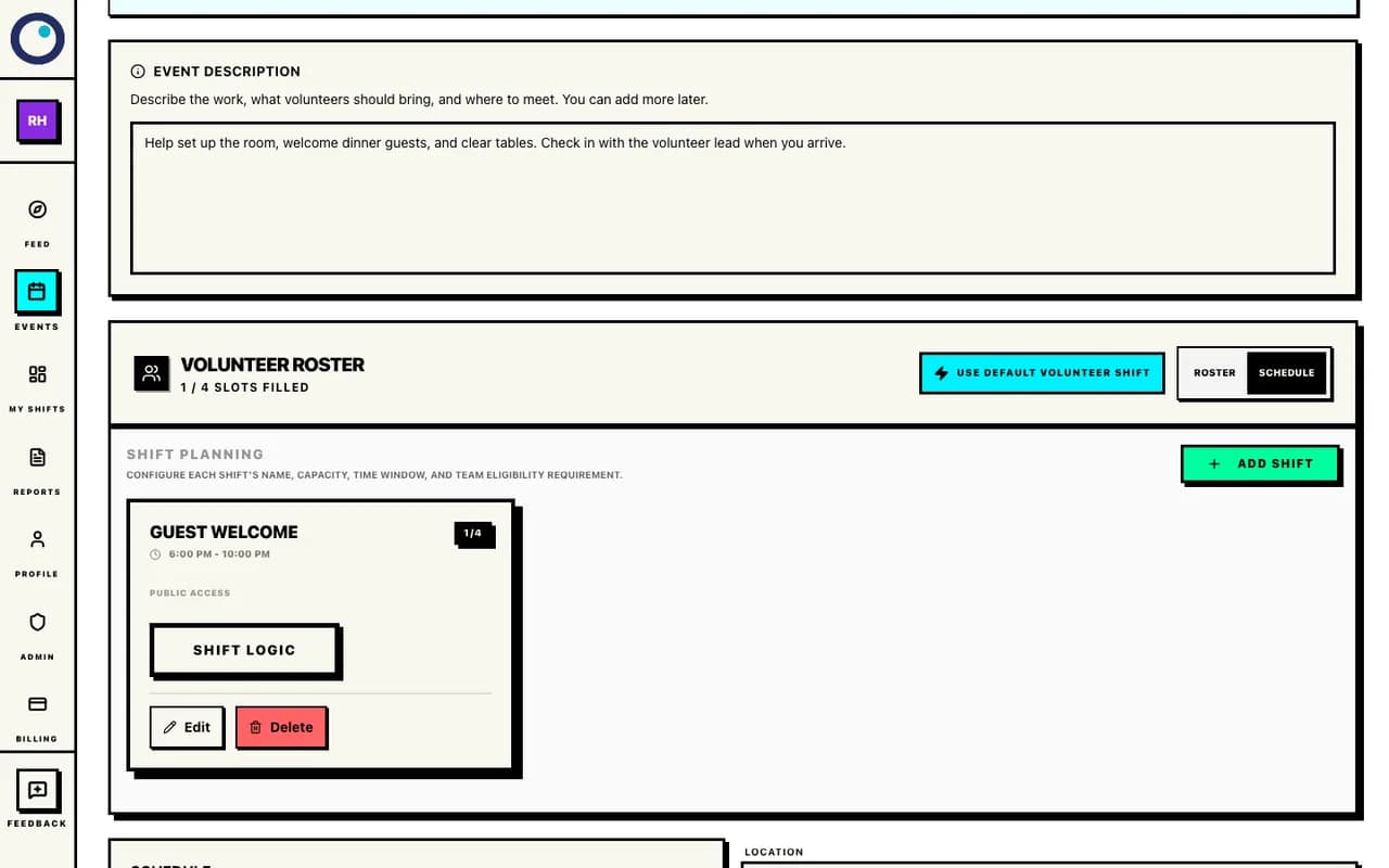Proximatic saved Standard volunteer draft showing its description and Guest welcome shift with the Shift Logic and Edit controls