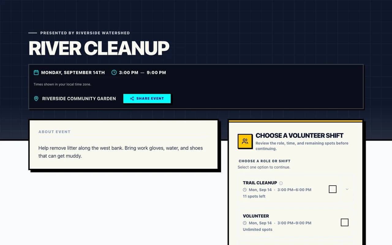 Public Proximatic volunteer event page showing event details and open roles