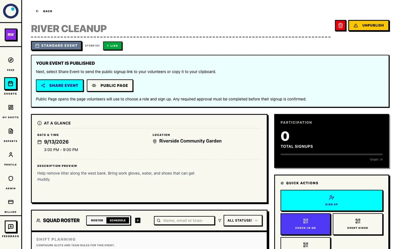 Published Proximatic event with a Live badge, Share Event button, and Public Page button