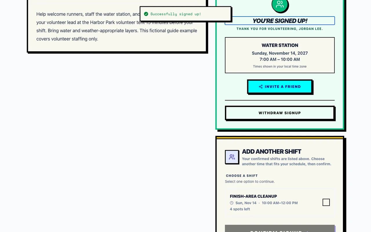 The confirmed Water station signup in the fictional Harbor Run walkthrough