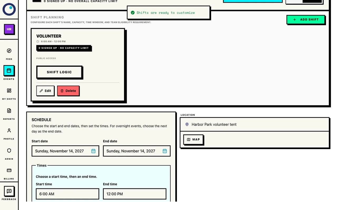 Customization retains the default shift in the fictional Harbor Run walkthrough