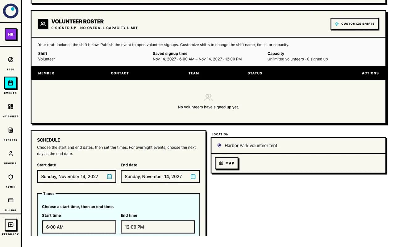The default unlimited Volunteer shift in the fictional Harbor Run walkthrough