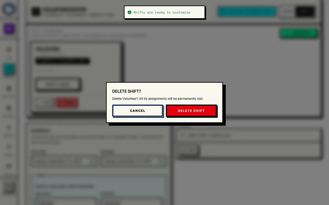 Confirm deletion of the empty default shift in the fictional Harbor Run walkthrough