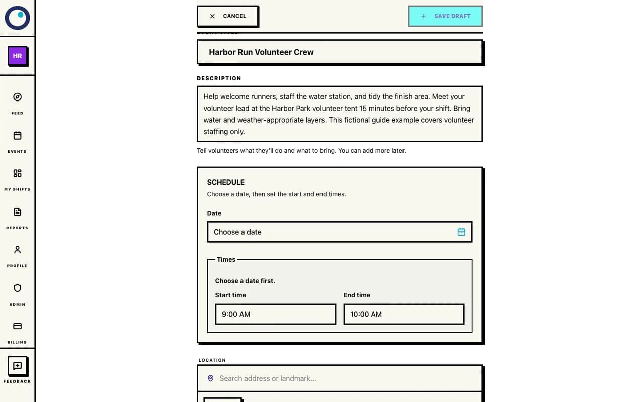 Event title and volunteer instructions in the fictional Harbor Run walkthrough