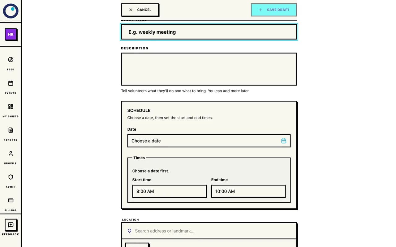 The empty Standard event form in the fictional Harbor Run walkthrough