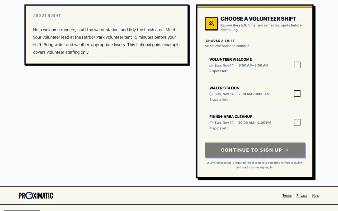 The anonymous public signup page in the fictional Harbor Run walkthrough