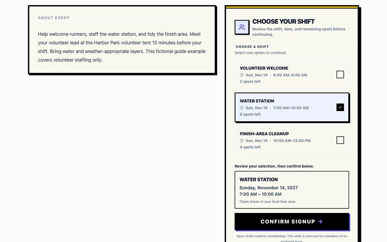 Verified volunteer reviews before confirming in the fictional Harbor Run walkthrough