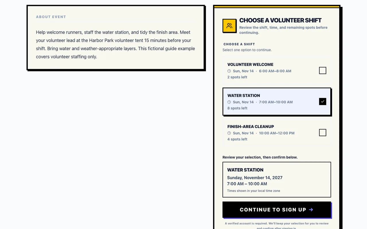 Water station selected before account creation in the fictional Harbor Run walkthrough