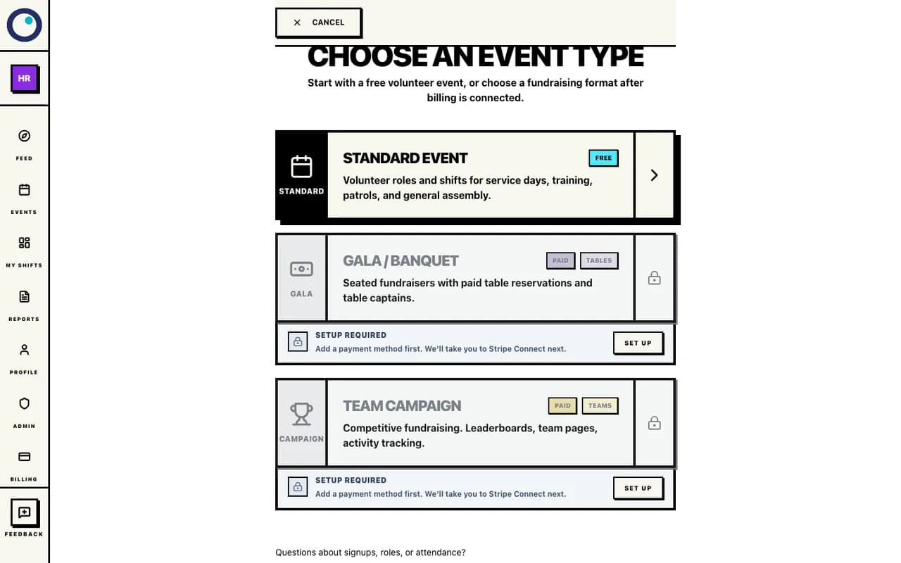 Choose the Standard event type in the fictional Harbor Run walkthrough