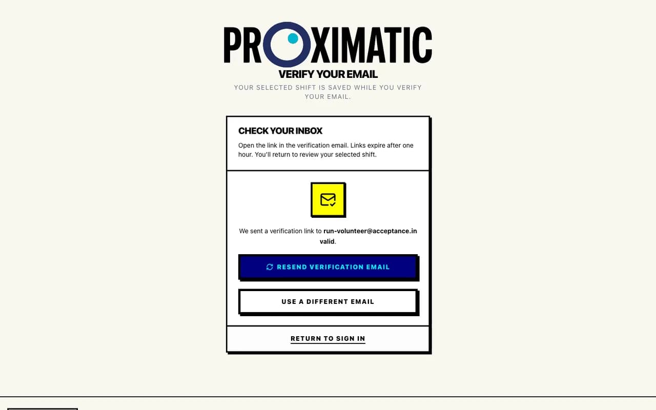 Verification required after account creation in the fictional Harbor Run walkthrough