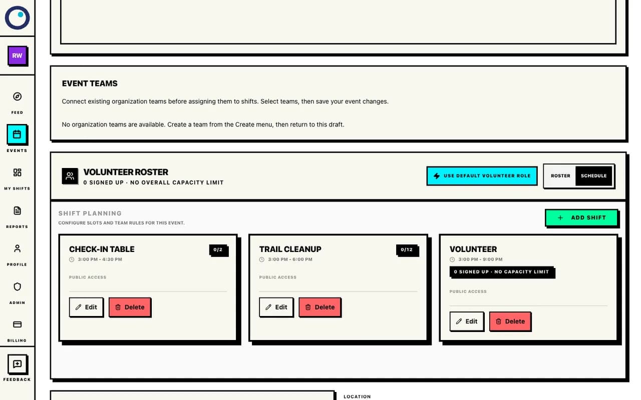 Proximatic schedule showing explicit roles, shift times, and capacity limits for an event