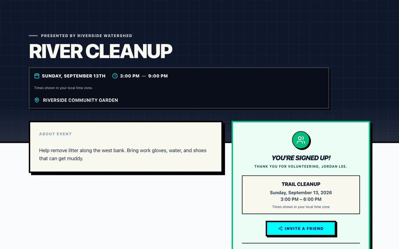 Proximatic public event page showing a volunteer's confirmed role and time