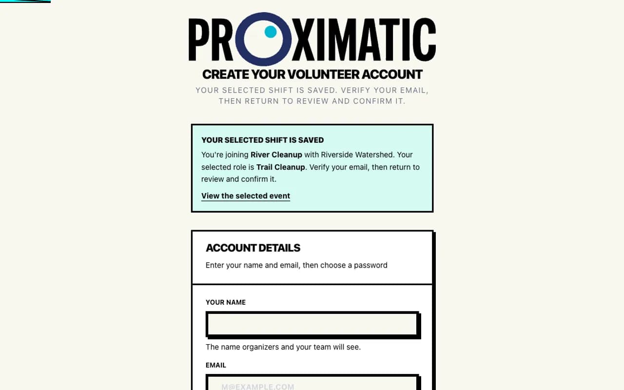Proximatic volunteer account creation form following a selected event role