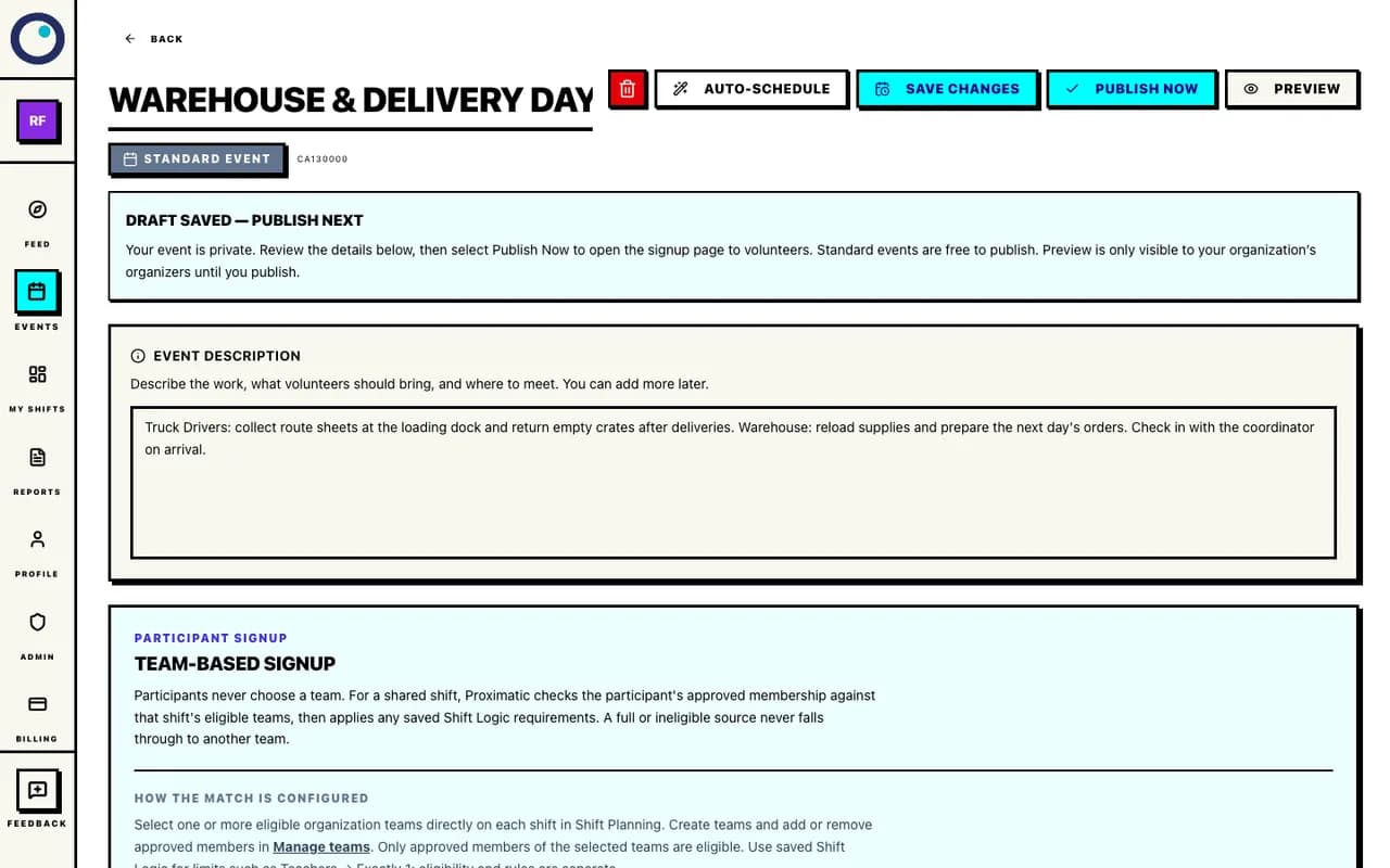 Warehouse & Delivery Day Standard draft with saved-draft status, operating instructions, and Save Changes, Publish Now, and Preview controls.