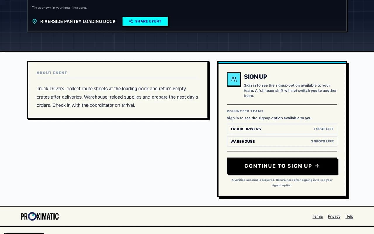 Public Warehouse & Delivery Day signup showing Truck Drivers and Warehouse availability with one Continue to Sign Up button.
