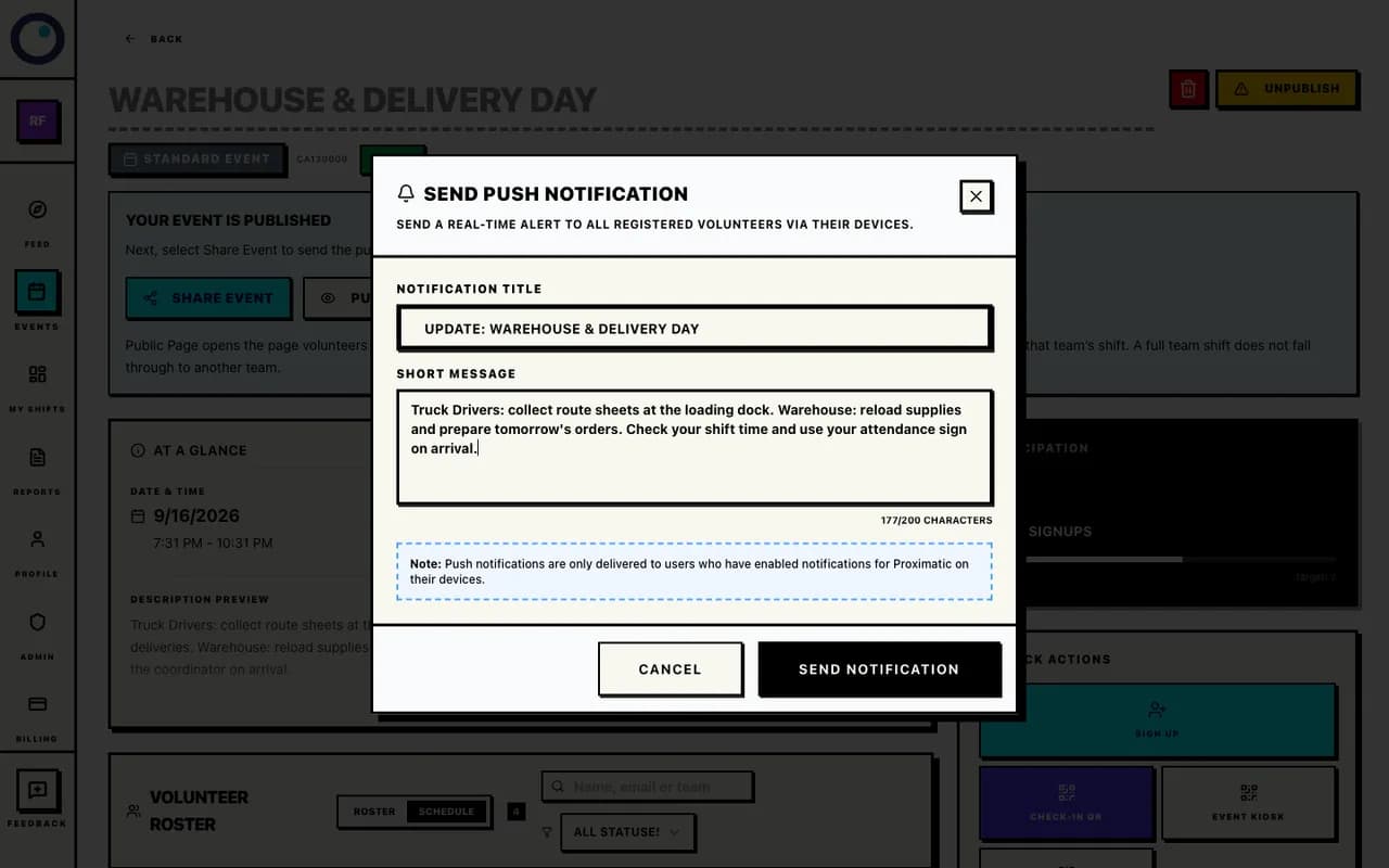Push Notify dialog containing a draft message about Truck Drivers route sheets, Warehouse preparation, and attendance.