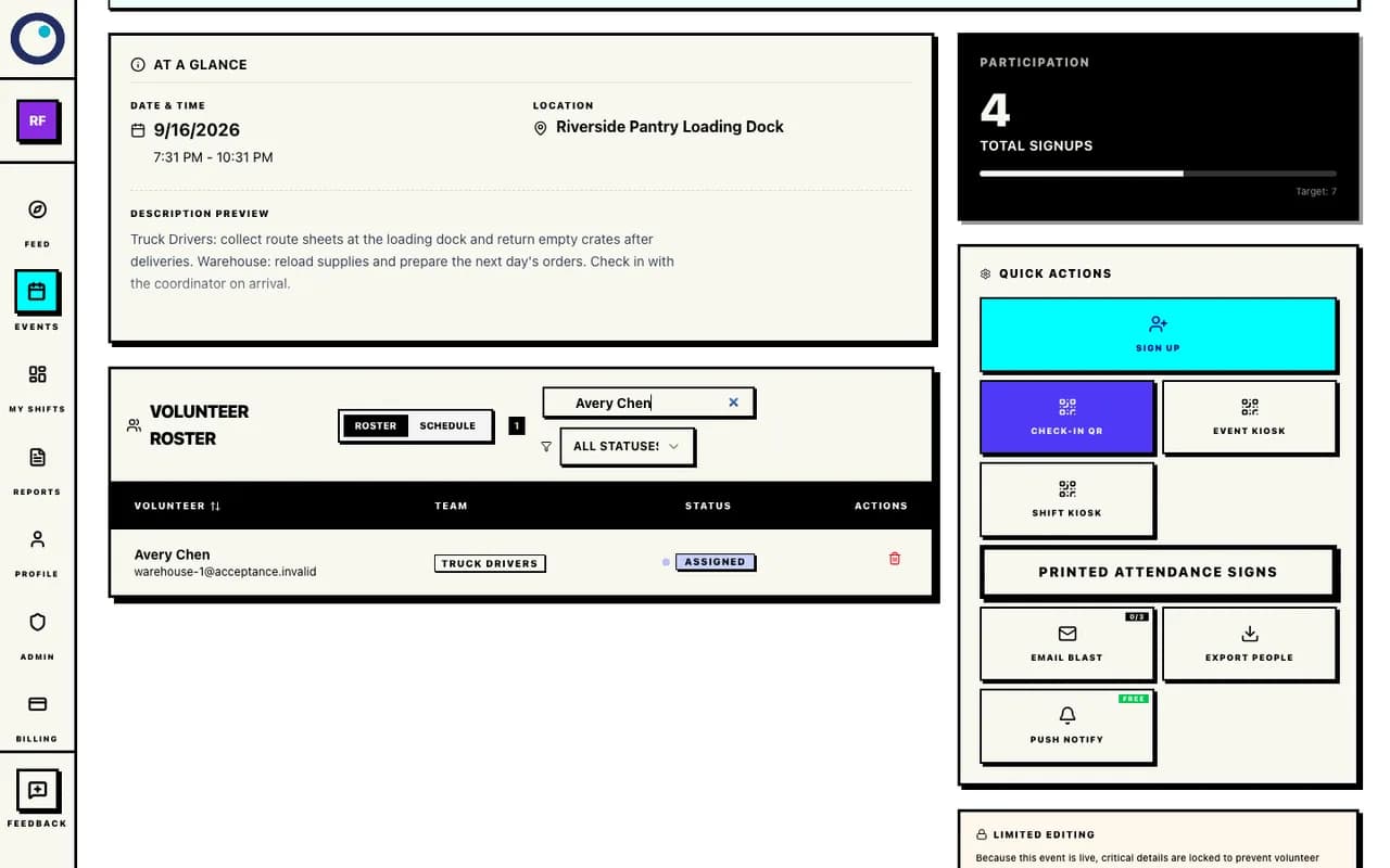 Volunteer roster filtered to Avery Chen, showing a Truck Driver assignment with Assigned status and the remove control.