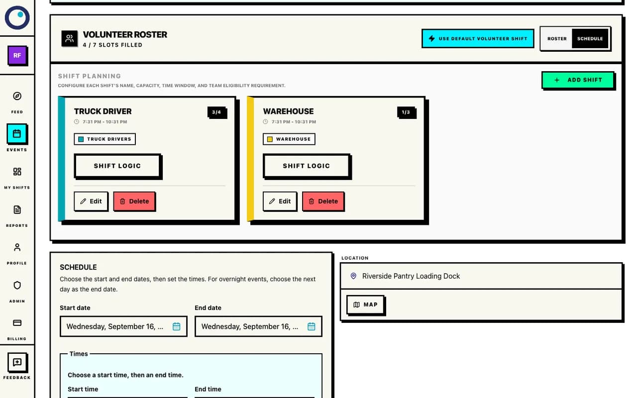 Shift Planning showing Truck Driver for Truck Drivers and Warehouse for Warehouse, with the same operating window and separate capacities.