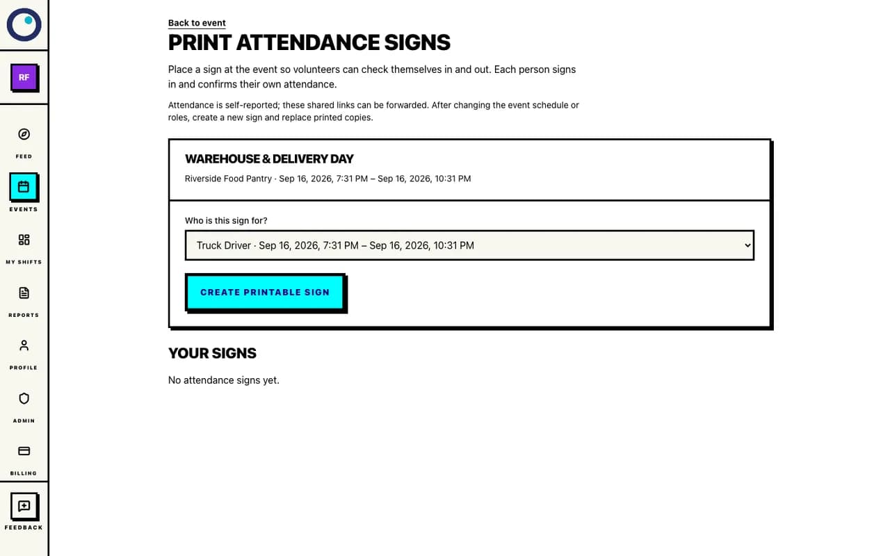 Print attendance signs for Warehouse & Delivery Day with Truck Driver selected and the Create printable sign button.