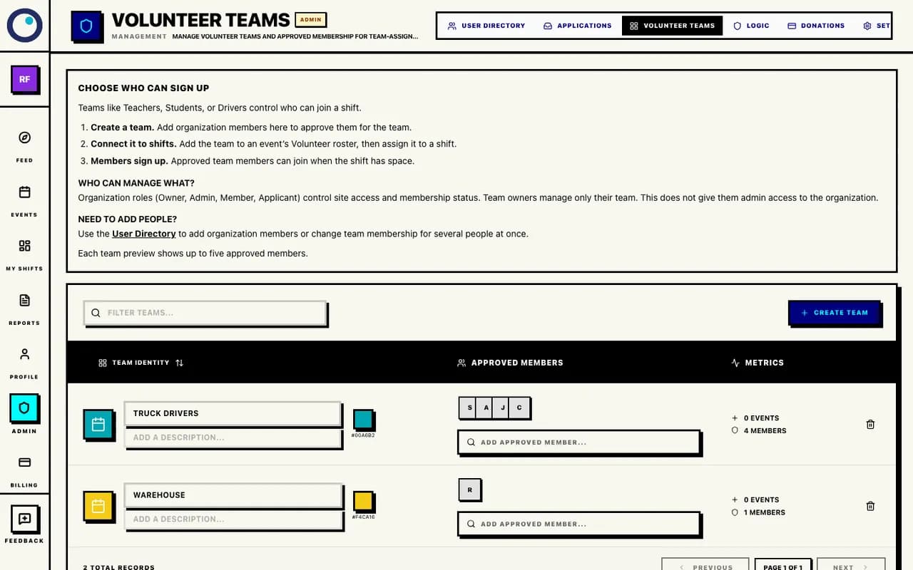 Volunteer teams admin page showing Truck Drivers and Warehouse with approved members.