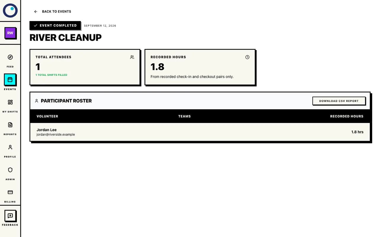 Proximatic completed event report showing a volunteer, recorded hours, and a CSV download