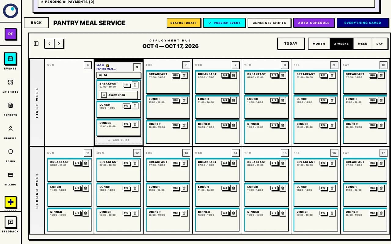 Proximatic scheduler in 2 Weeks view showing the draft pantry event, open meal shifts and one saved assignment