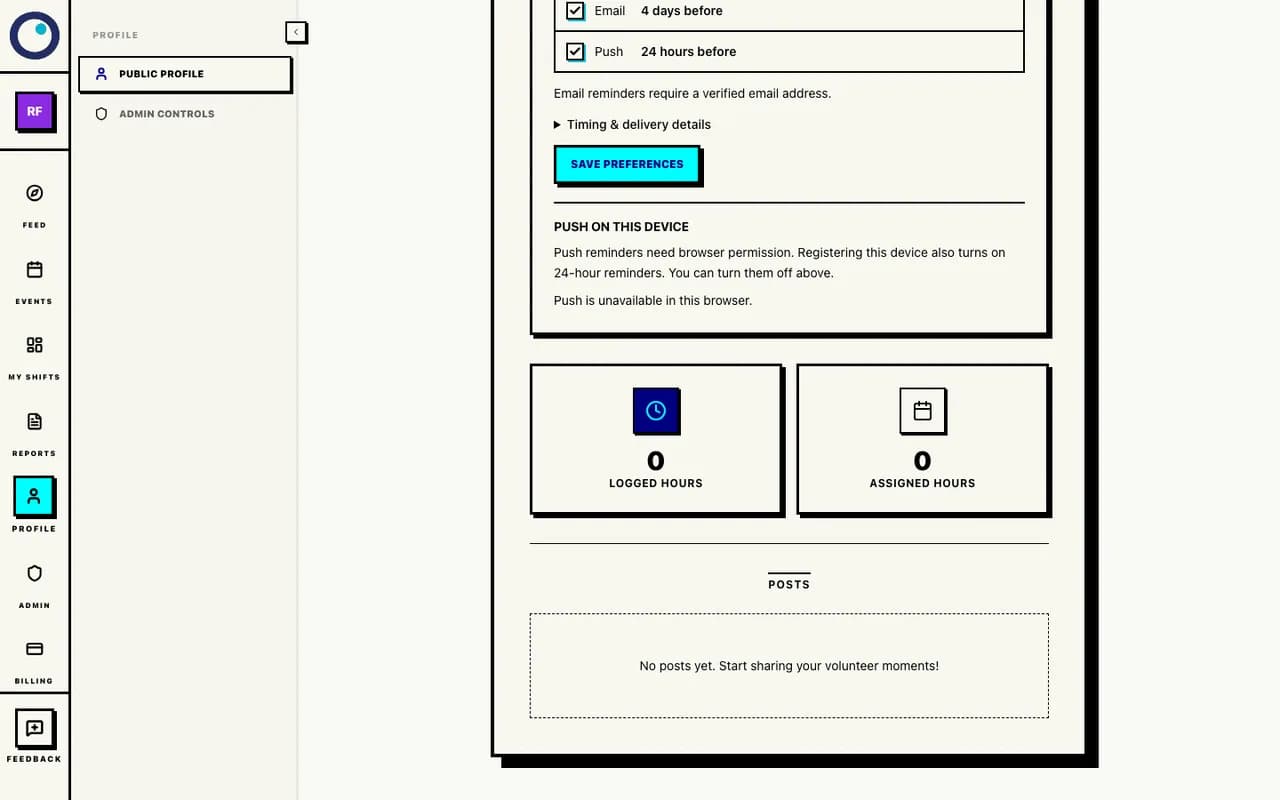 The profile's push-permission panel explains device registration separately from reminders