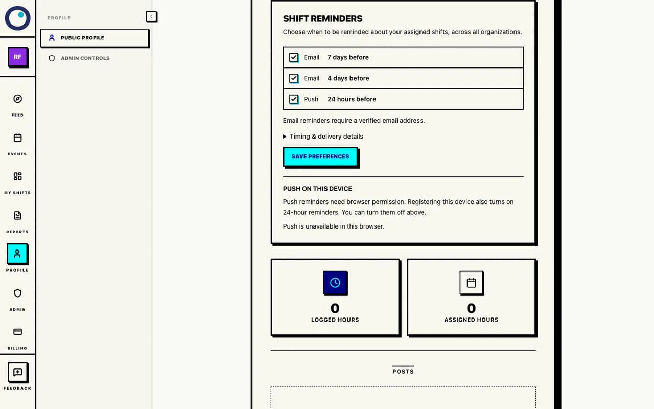A volunteer's profile with the three shift reminder switches enabled