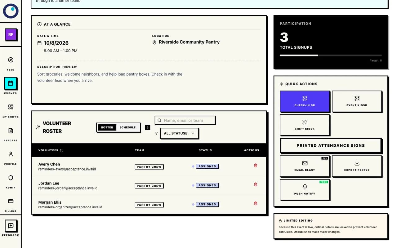 The organizer's event-management roster with assigned volunteers and shift context