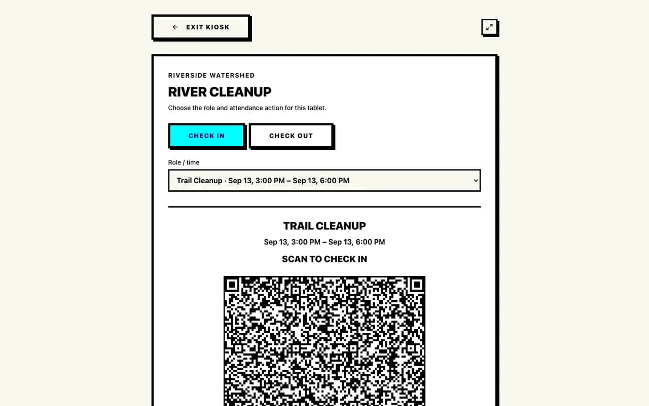 Proximatic kiosk with Check In selected for Trail Cleanup and a separate Check Out button