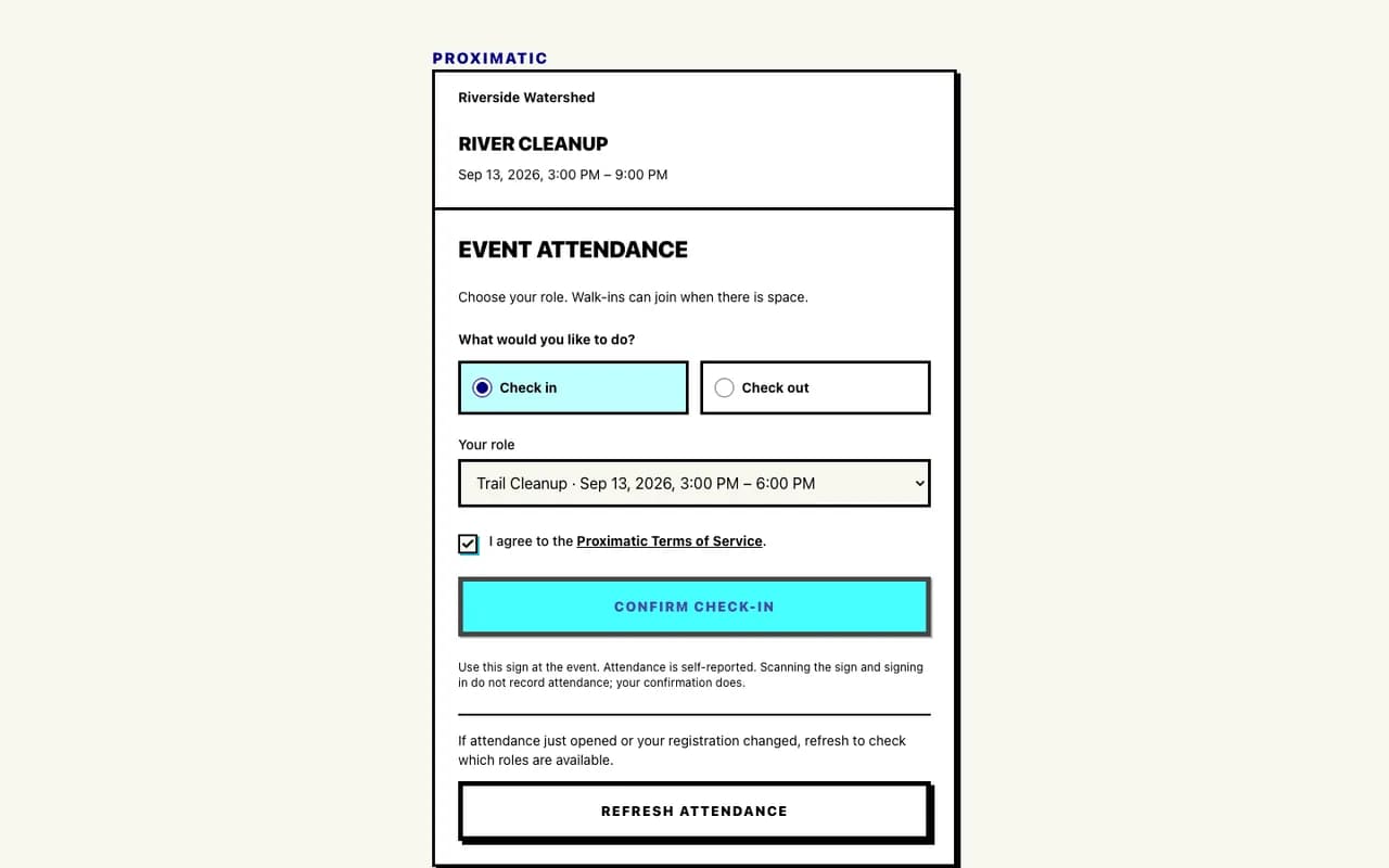 Proximatic printed attendance sign flow showing a volunteer choosing an action and role