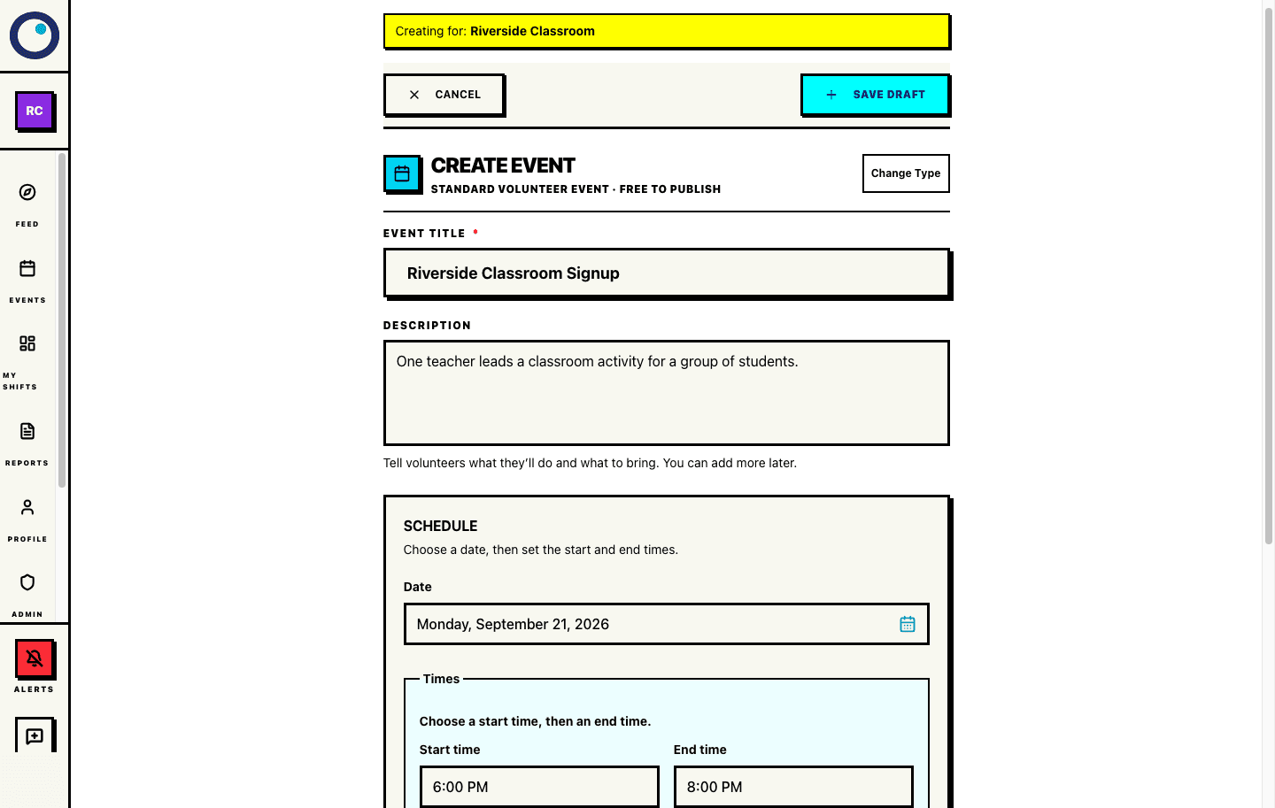 Real Proximatic Standard Create Event screen with the event details form