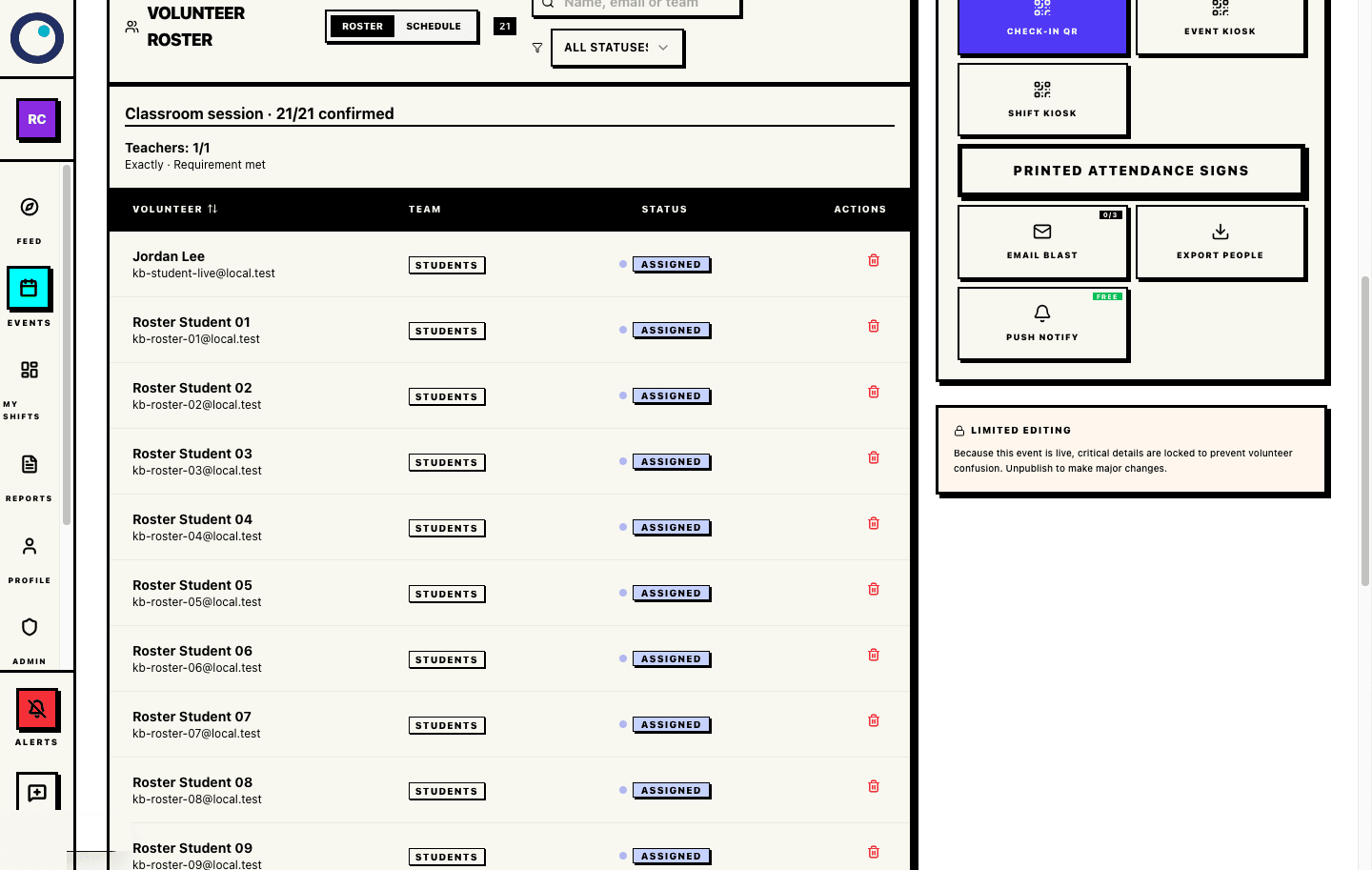Real Proximatic organizer Volunteer roster showing one Classroom session with 21 assignments and Shift Logic progress