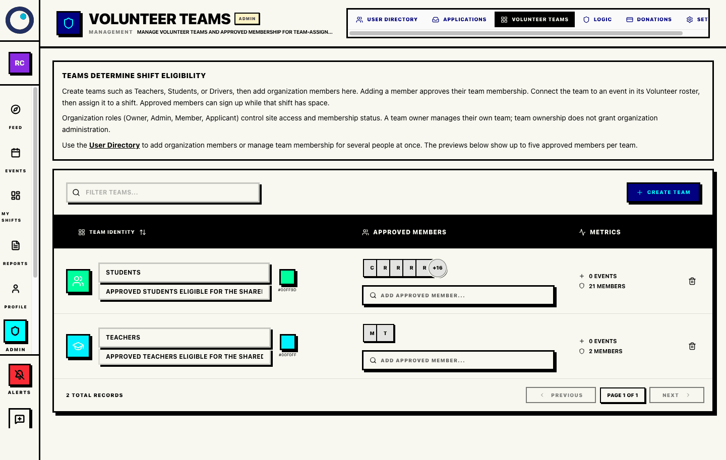 Real Proximatic Admin Volunteer teams screen showing Teachers and Students teams and approved members