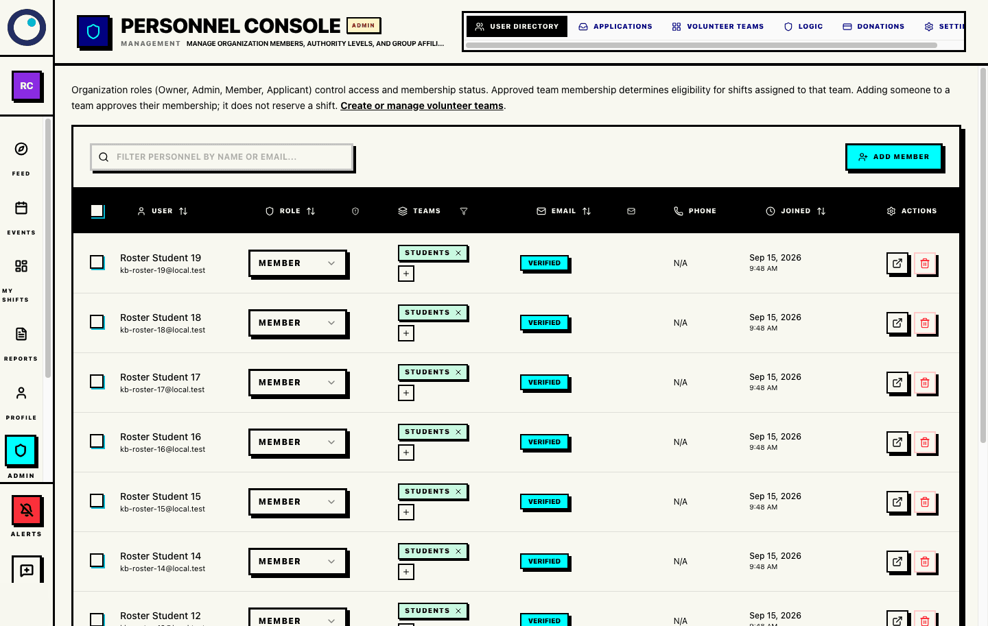 Real Proximatic User Directory showing organization permissions separately from volunteer team access
