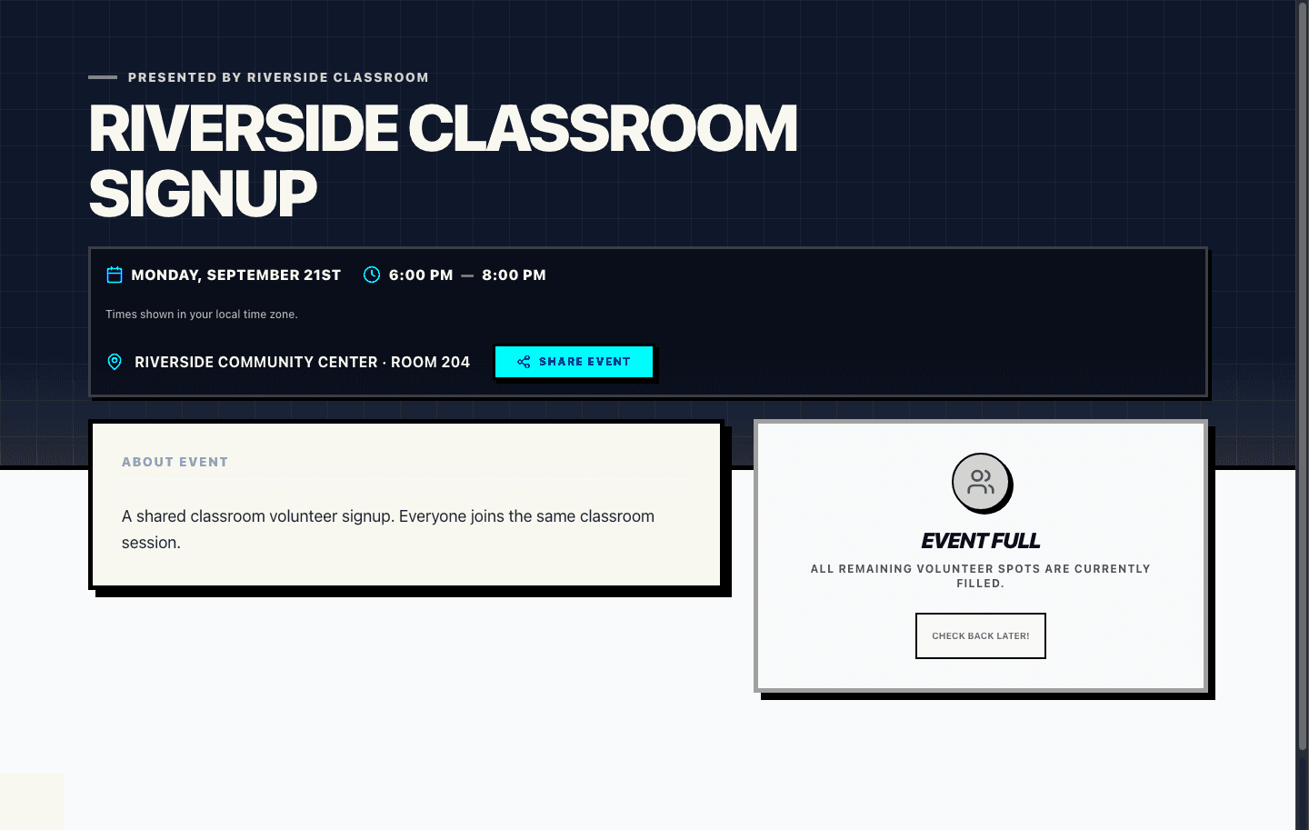 Real Proximatic public event page showing the shared Classroom session full at 21 of 21