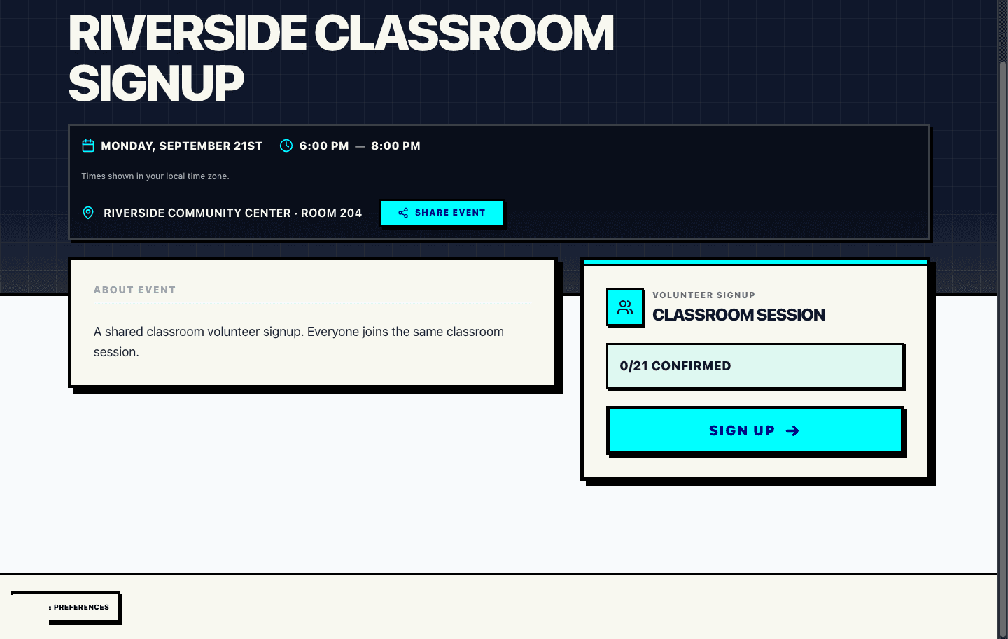 Real Proximatic public event page showing one shared shift and one signup button before the roster is full