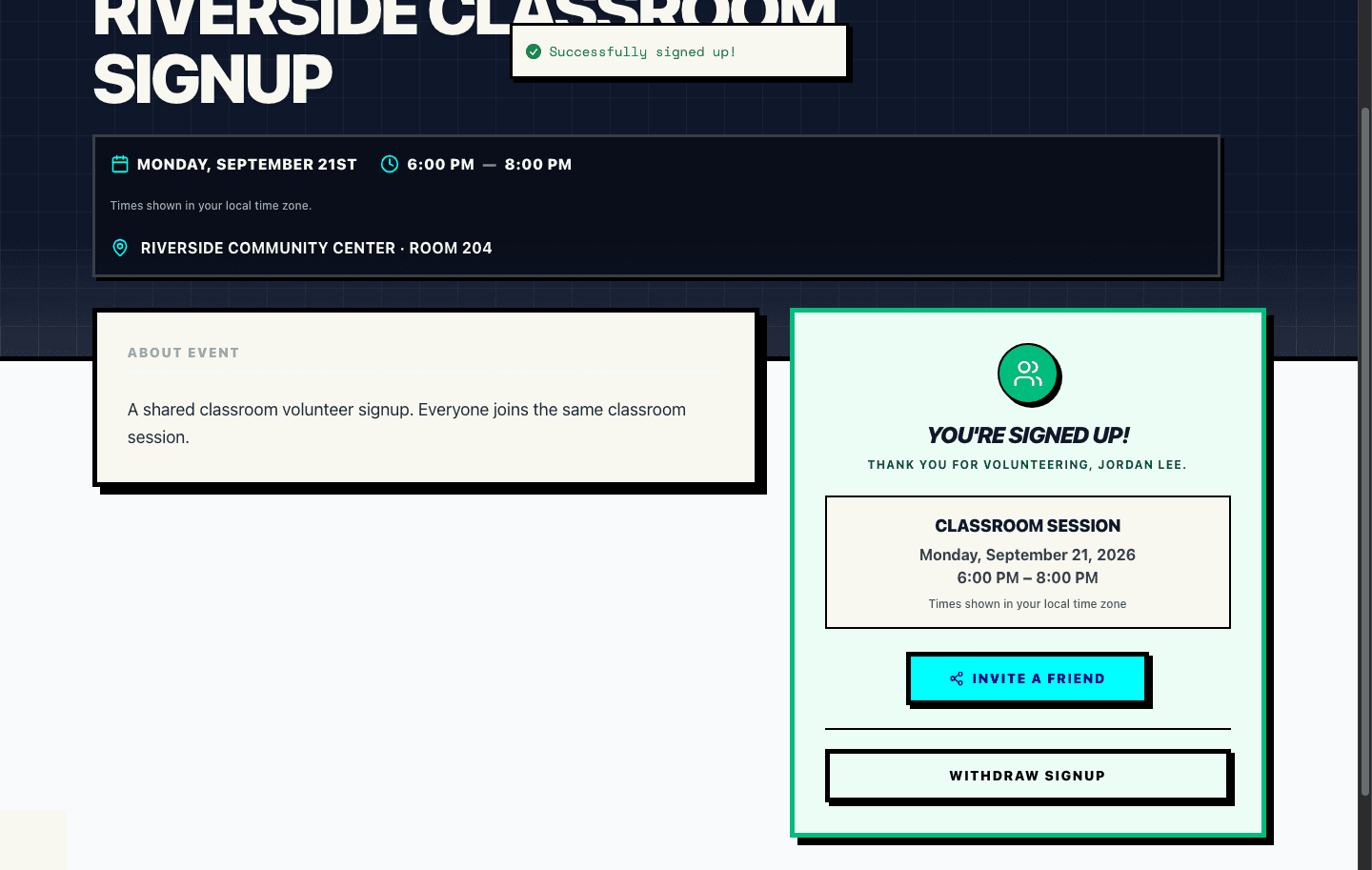 Real Proximatic public event confirmation showing a Student assigned to the shared classroom session