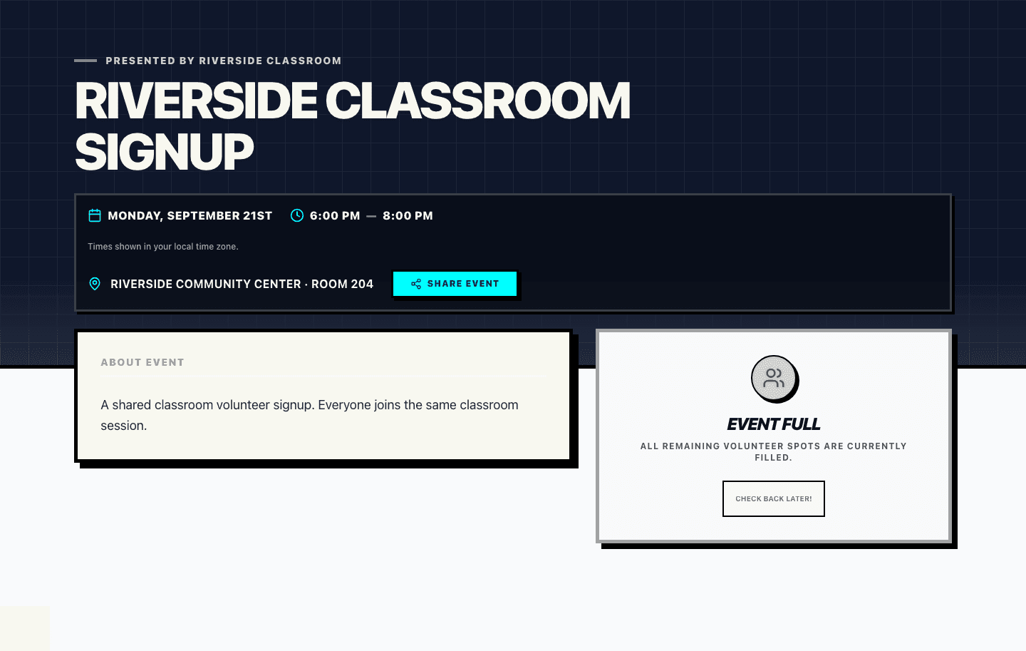 Real Proximatic public event page showing a Student viewing the shared Classroom session full at 21 of 21
