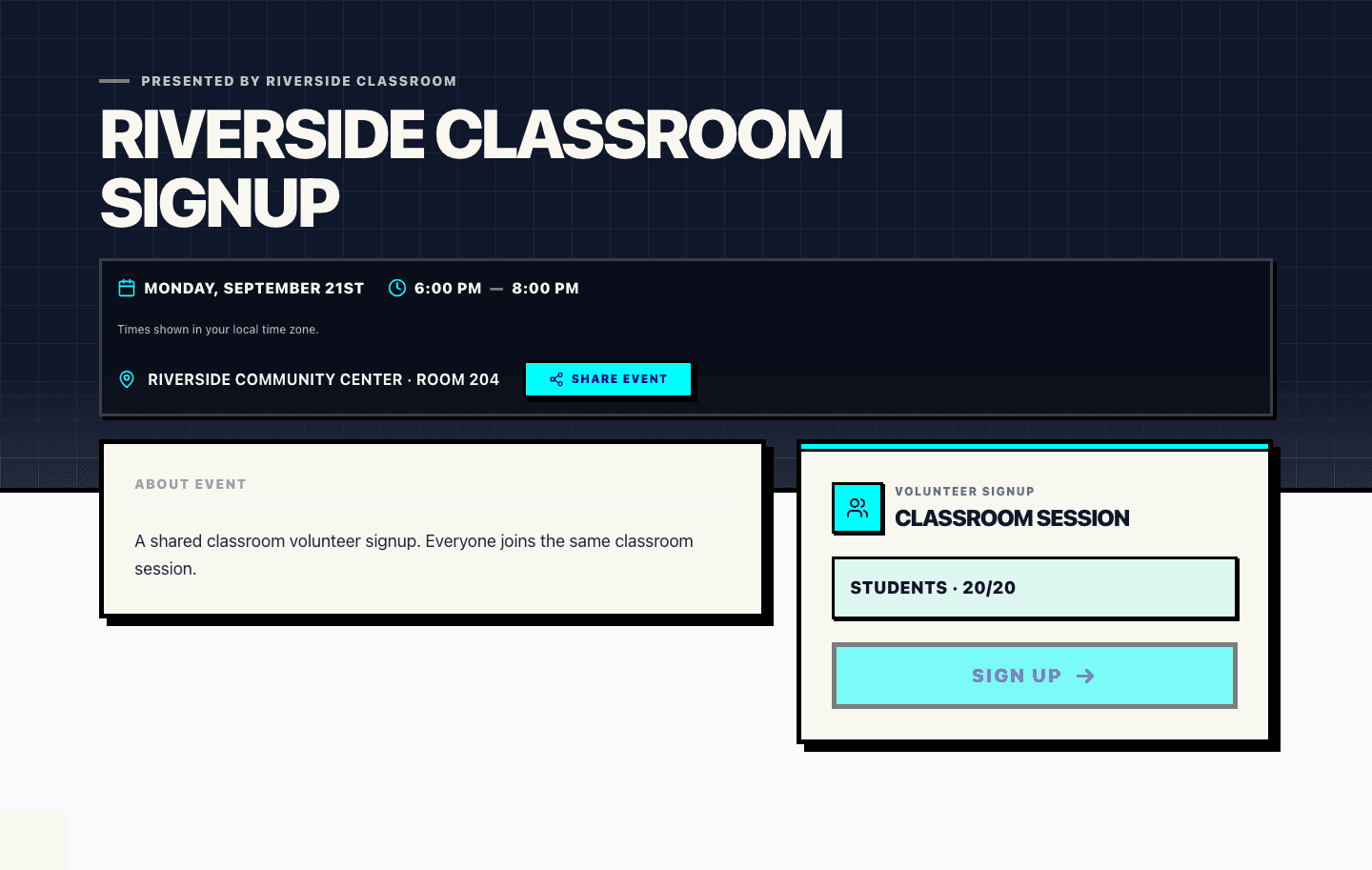 Real Proximatic public event page showing a Student blocked because the remaining shared shift place is protected for a Teacher
